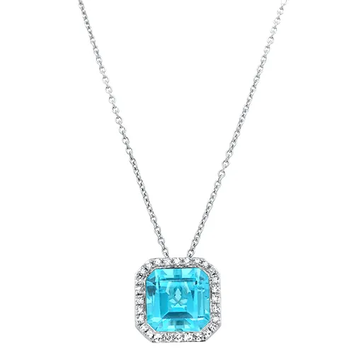 Blue Topaz with Diamond Halo Pendant