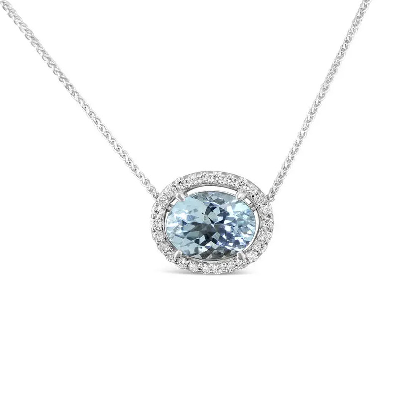 1.46ct Oval Aquamarine & Diamond Halo Necklace