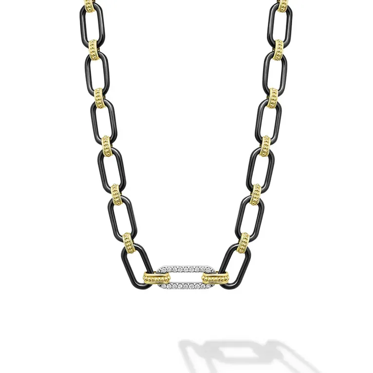 18K Gold and Black Ceramic Diamond Station Link Nekclace, 6mm
