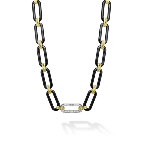 18K Gold and Black Ceramic Diamond Station Link Necklace, 9mm