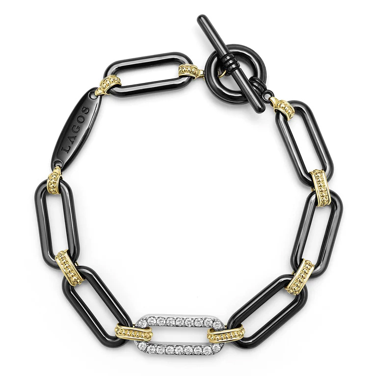 18K Gold and Black Ceramic Diamond Station Link Bracelet, 10mm