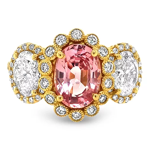 Padparadshca Pink Sapphire Three-Stone Ring
