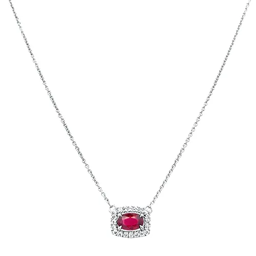 East West Ruby & Diamond Halo Necklace