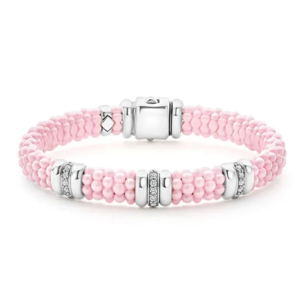 Pink Three Station Diamond Caviar Bracelet, 9mm