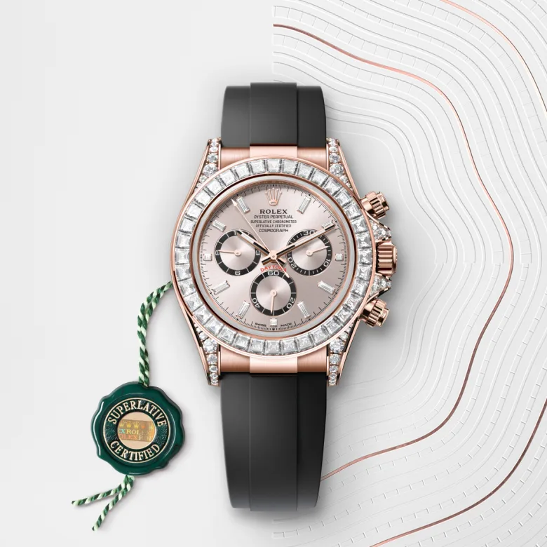 rolex Cosmograph Daytona in 18 kt Everose gold with lugs set with diamonds, M126535TBR-0002 - Underwood jewelers