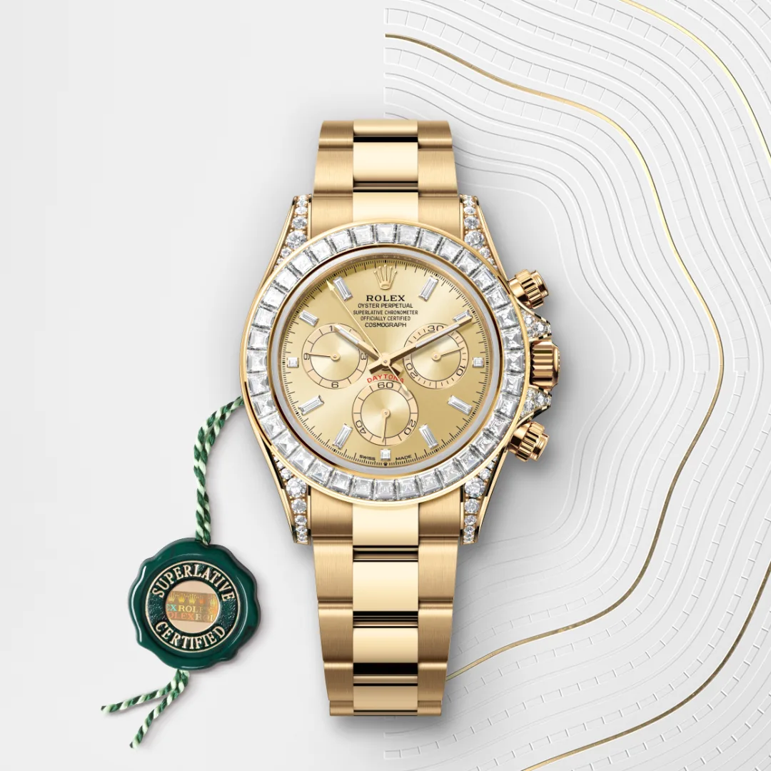 rolex Cosmograph Daytona in 18 kt yellow gold with lugs set with diamonds, M126598TBR-0001 - Underwood jewelers