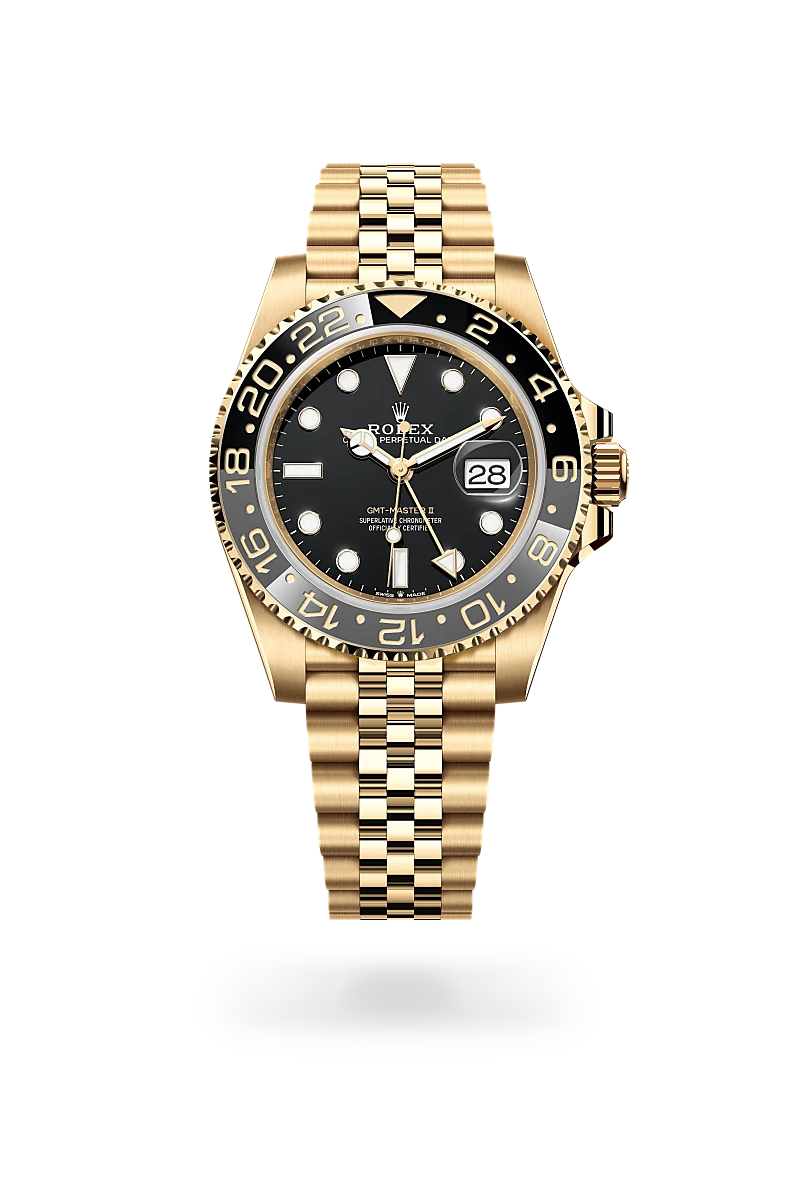 rolex GMT-Master II in 18 kt yellow gold, M126718GRNR-0001 - underwood jewelers