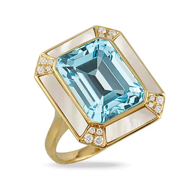 Aquamarine, Mother of Pearl & Diamond Ring