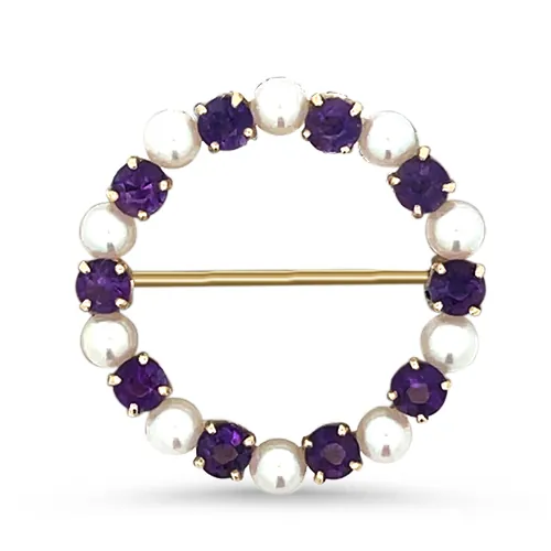 Estate 14KY Amethyst & Pearl Brooch