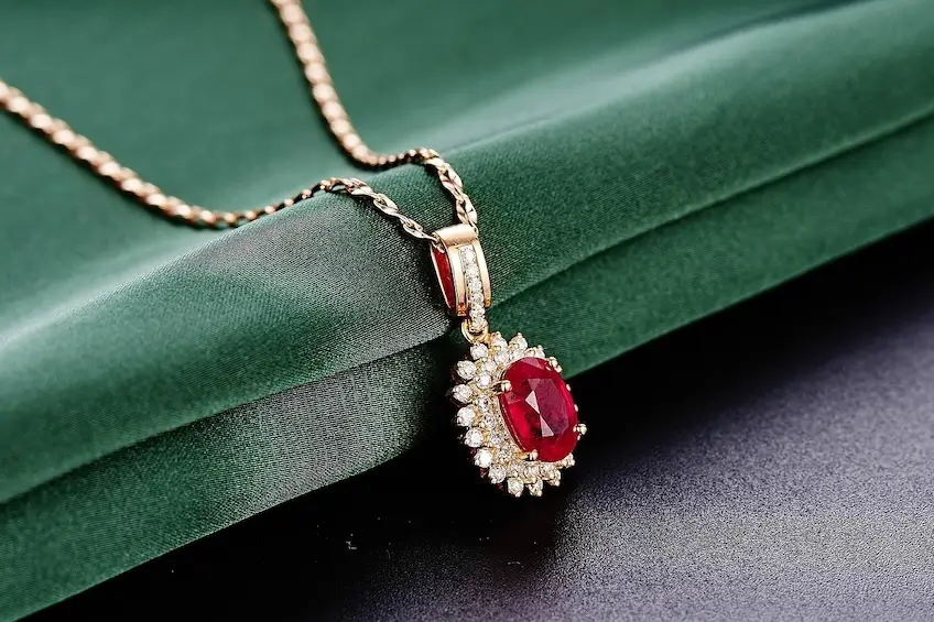 custom necklace on green velvet display