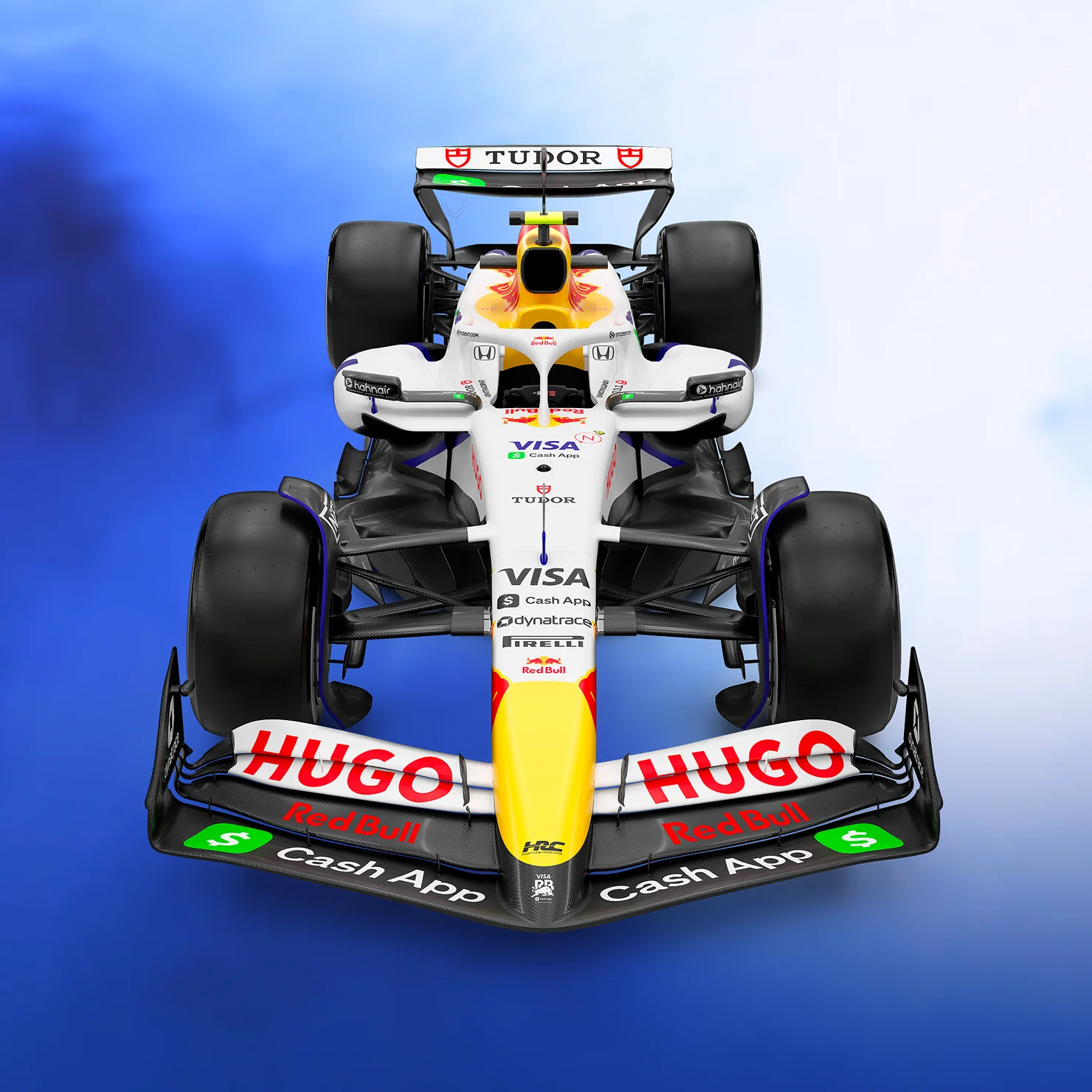 Visa Cash App Racing Bulls Formula One race car on blue and white background