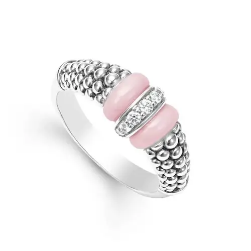 LAGOS STERLING SILVER, PINK CERAMIC CAVIAR & DIAMOND RING