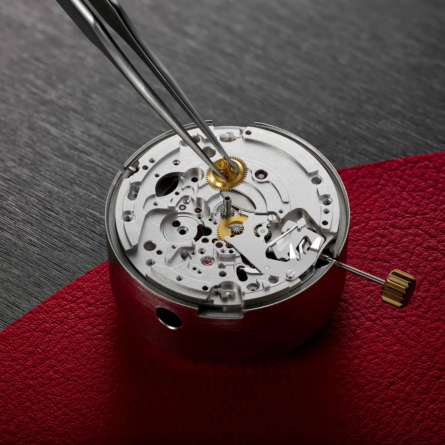 Close-up of a watchmaker assembling a TUDOR mechanical watch movement using tweezers