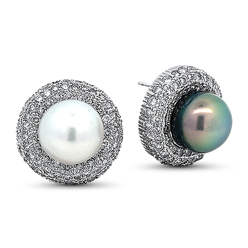18KW White & Black Pearl Diamond Halo Studs