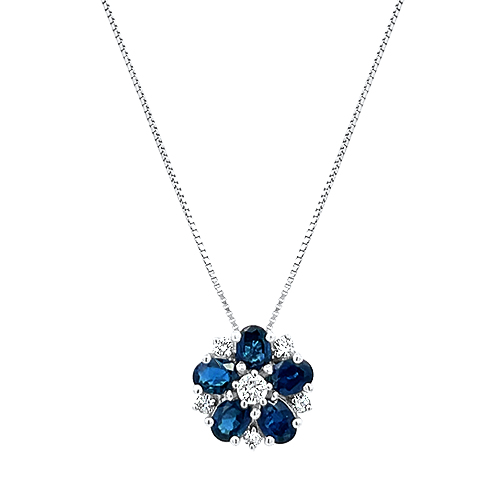 18kt White Gold Sapphire & Diamond Flower Cluster Pendant with Chain - Underwood Jewelers