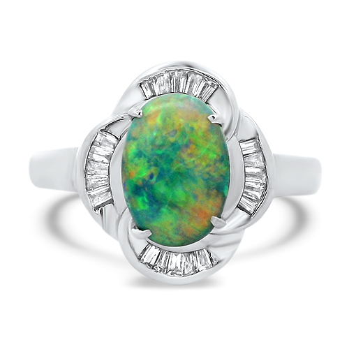 Australian black opal ring with tapered baguette diamond halo from Underwood Jewelers