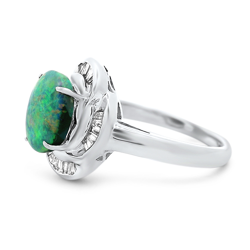 Australian black opal ring with tapered baguette diamond halo from Underwood Jewelers