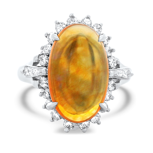 Platinum fire opal ring with halo and tapered diamond accents from Underwood Jewelers