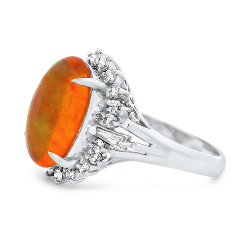 Platinum fire opal ring with halo and tapered diamond accents from Underwood Jewelers