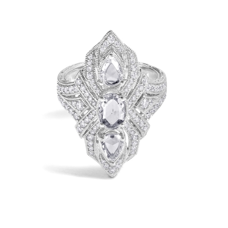 Pearl and rose cut diamond ring in 18K white gold with vintage halo – Underwood Jewelers