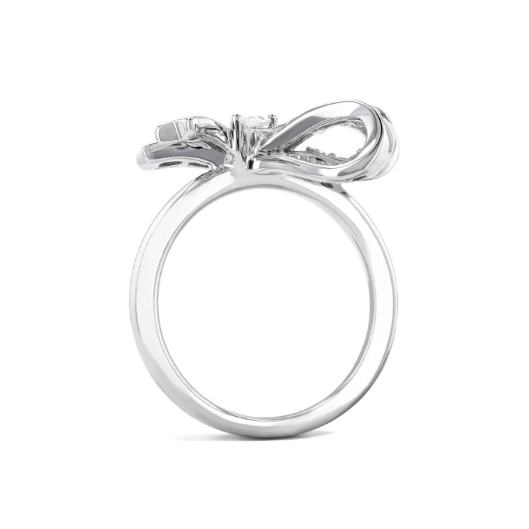 Diamond bow ring in 18K white gold with baguette, round, and pear diamonds – Underwood Jewelers