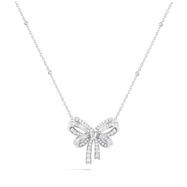 18K white gold diamond bow necklace with pear, round, and baguette diamonds – Underwood Jewelers