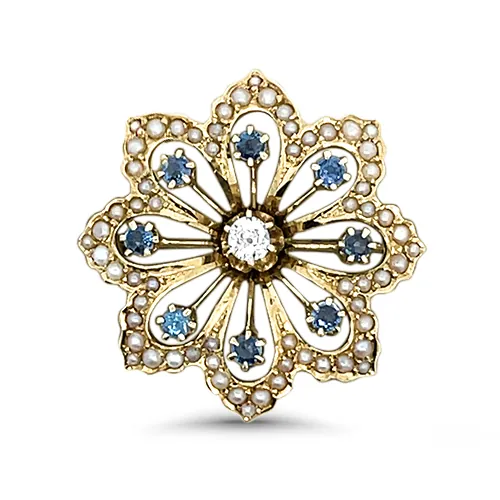 14KT ESTATE DIAMOND, SAPPHIRE & SEED PEARL BROOCH