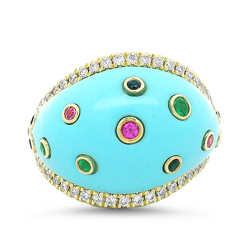 Domed Turquoise Ring with Multi Color Accents