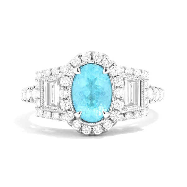 Paraiba & Trapezoid Diamond Halo Ring