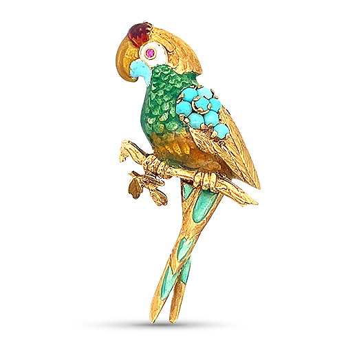 Estate Enamal, Turquoise & Ruby Parrot Pin