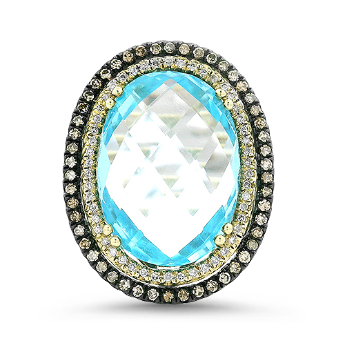 Oval Blue Topaz Ring With Brown & White Diamonds
