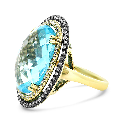 Oval Blue Topaz Ring With Brown & White Diamonds