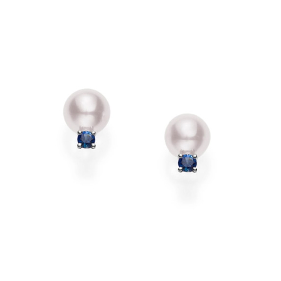 Akoya cultured pearl stud earrings in 18K white gold with sapphire accents – Underwood Jewelers
