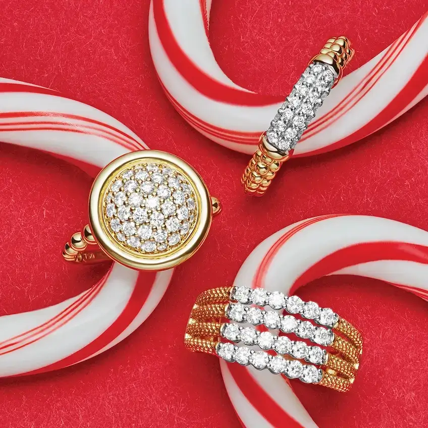 assortment of diamond rings on candy canes