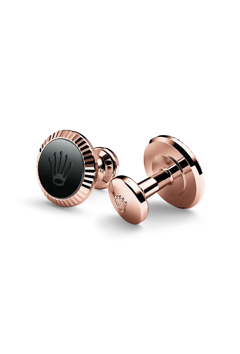 rolex ‘Fluted’ cufflinks in Everose gold and ceramic, A1035 at underwood jewelers