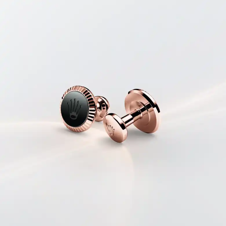 rolex ‘Fluted’ cufflinks in Everose gold and ceramic, A1035 at underwood jewelers