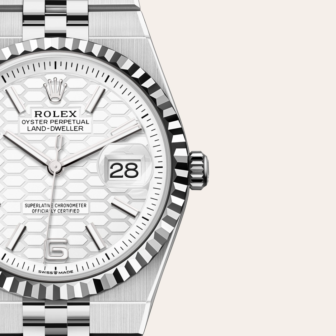 rolex Land-Dweller in White Rolesor - combination of Oystersteel and white gold, M127234-0001 - Underwood Jewelers