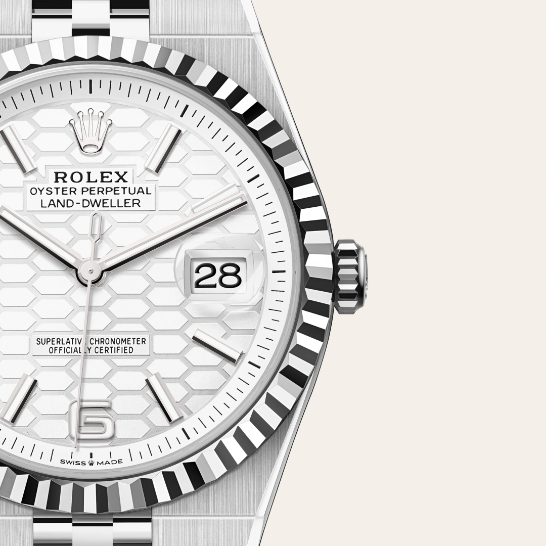 rolex Land-Dweller in White Rolesor - combination of Oystersteel and white gold, M127334-0001 - Underwood Jewelers