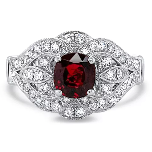 0.91CT RED SPINEL & DIAMOND SWIRL HALO RING