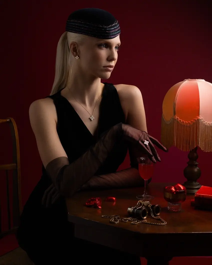 model wearing assorted pieces from the Venetian Princess Collection