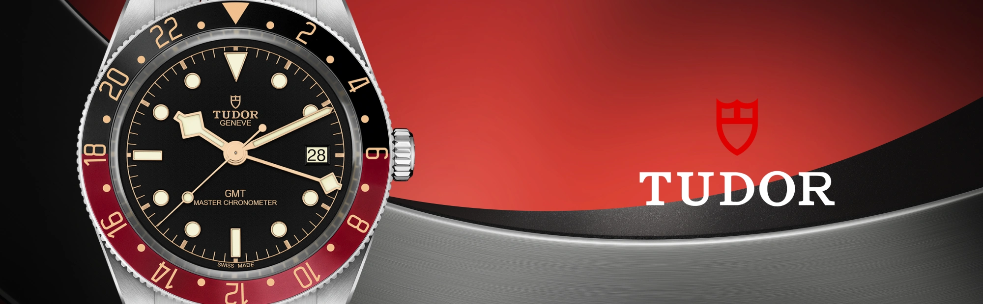 Banner featuring a TUDOR Black Bay 58 GMT watch in stainless steel with a black dial and red and black bezel displayed beside the TUDOR log on a gray and red background.