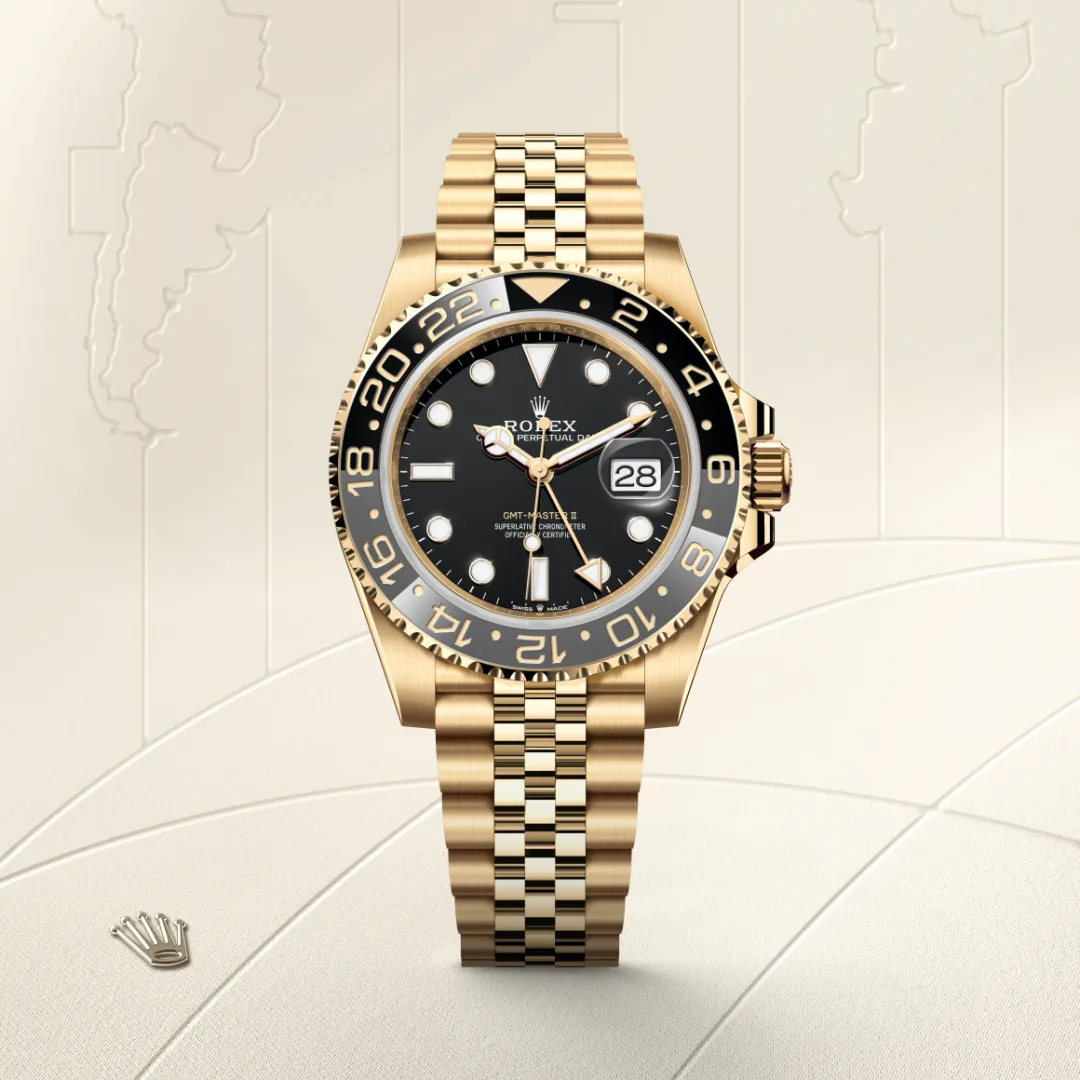 rolex GMT-Master II in 18 kt yellow gold, M126718GRNR-0001 - underwood jewelers