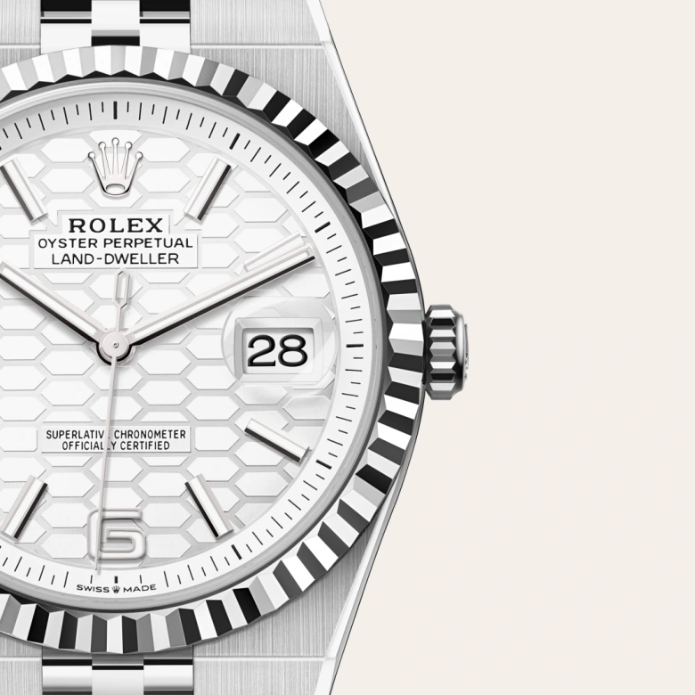 rolex Land-Dweller in White Rolesor - combination of Oystersteel and white gold, M127334-0001 - underwood jewelers
