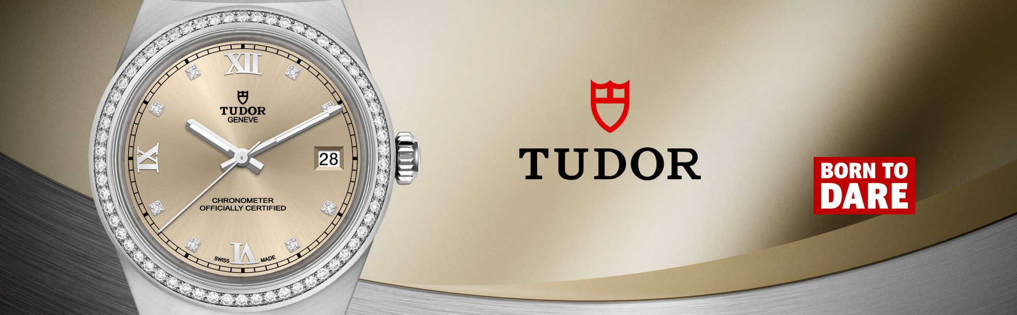Close-up of a TUDOR Royal watch in stainless steel featuring a champagne sunray dial with Roman numerals and diamond hour markers, a diamond-set bezel, and a matching integrated bracelet. The dial displays the TUDOR Geneva logo, date window at 3 o’clock, and chronometer certification, set against a gold and silver-toned background with the TUDOR shield and “Born to Dare” branding.