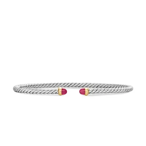 Micro Cable Flex® Bracelet in Sterling Silver with 14K Yellow Gold and Rubies, 2.6mm